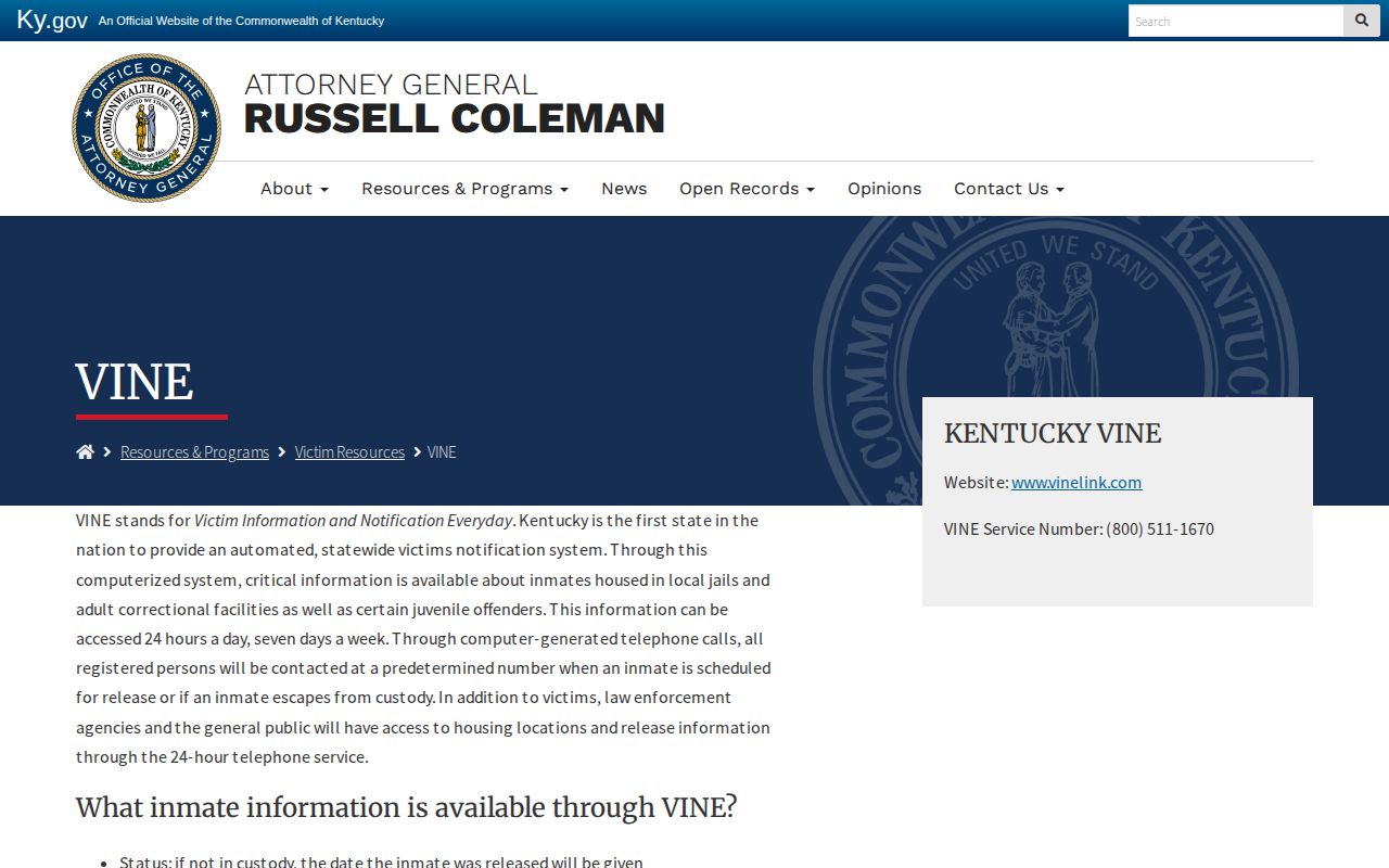 Kentucky VINE custody and release status source for Ballard County bookings
