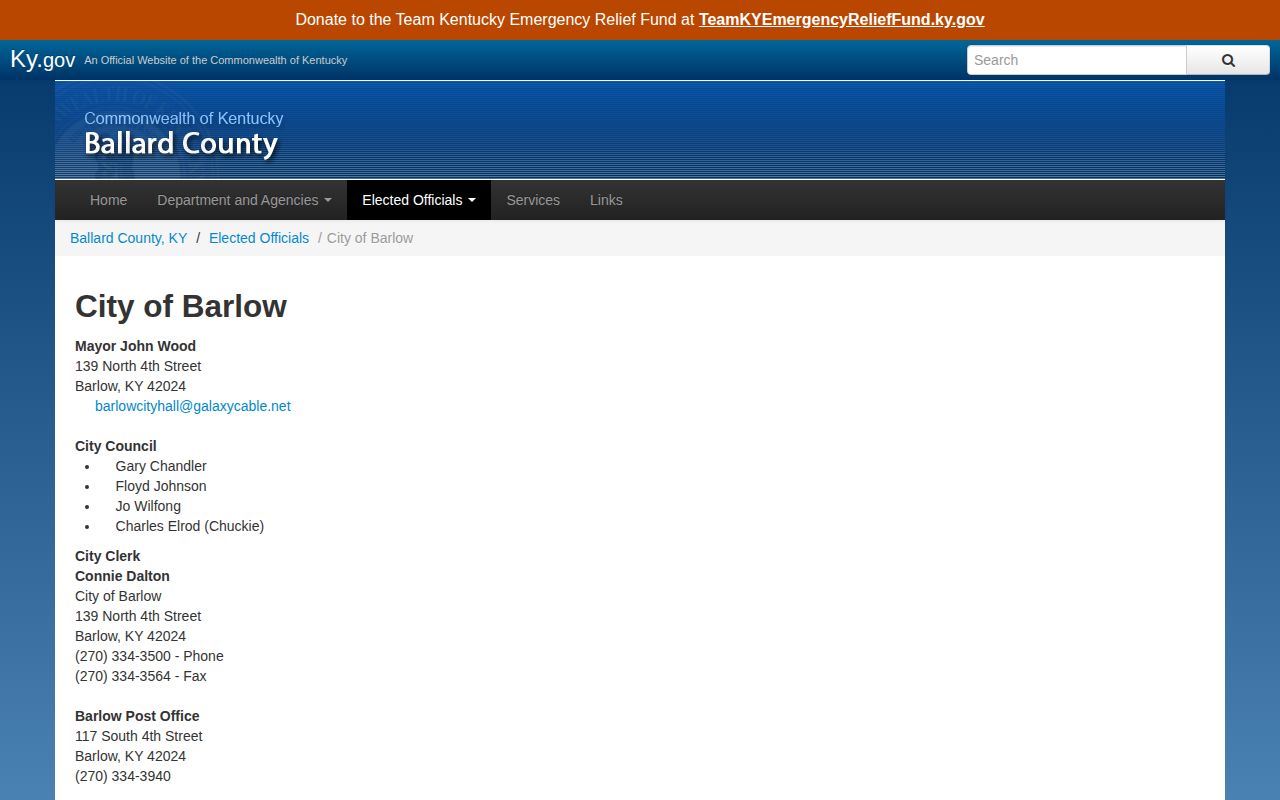 Official Barlow city contacts for Ballard County arrest record routing