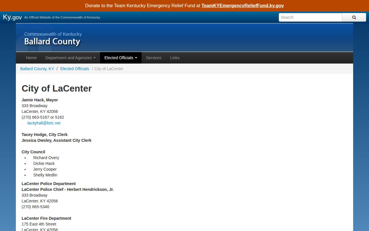 LaCenter Police Department arrest-record contact page in Ballard County