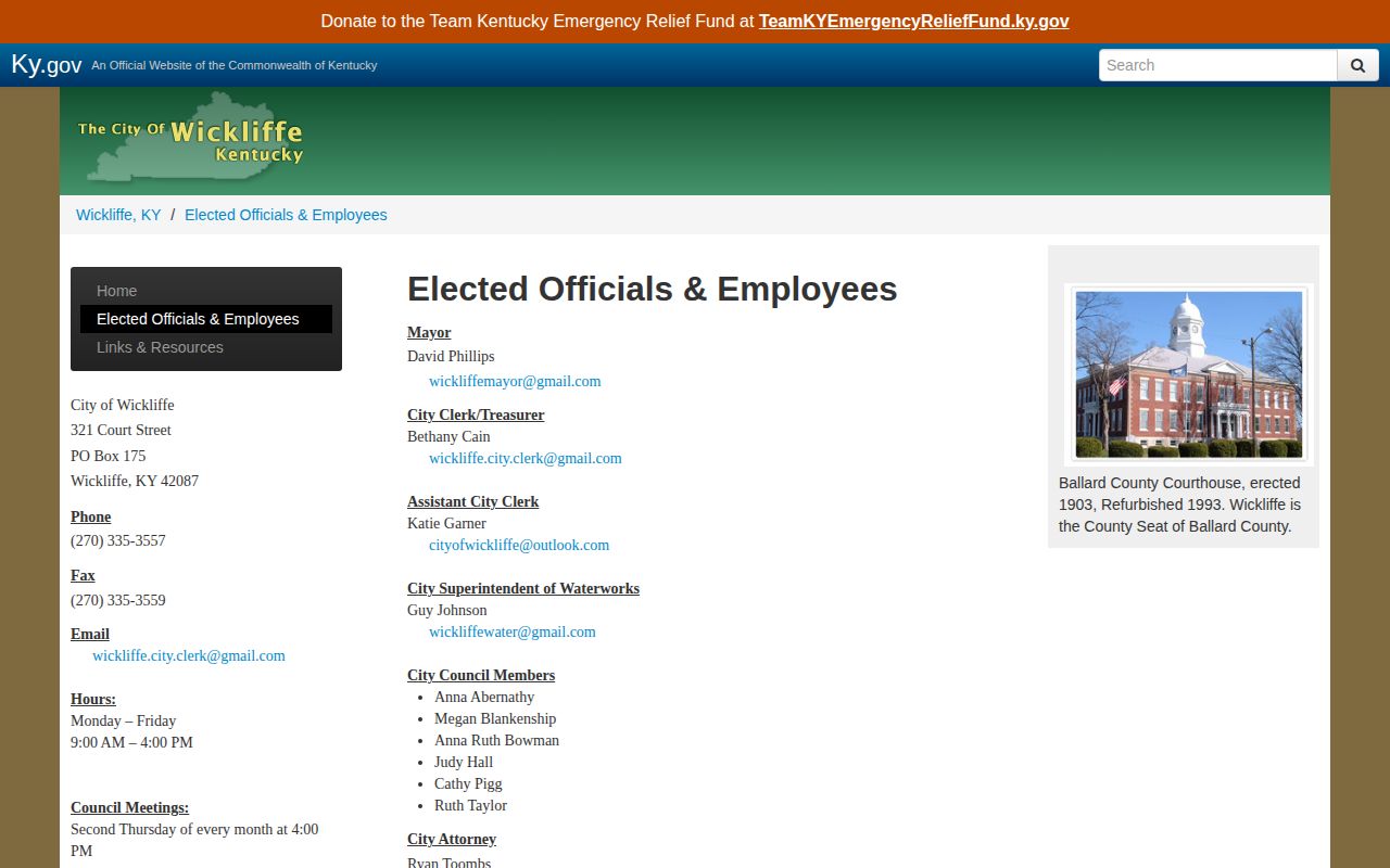 Wickliffe official contacts for Ballard County arrest record requests
