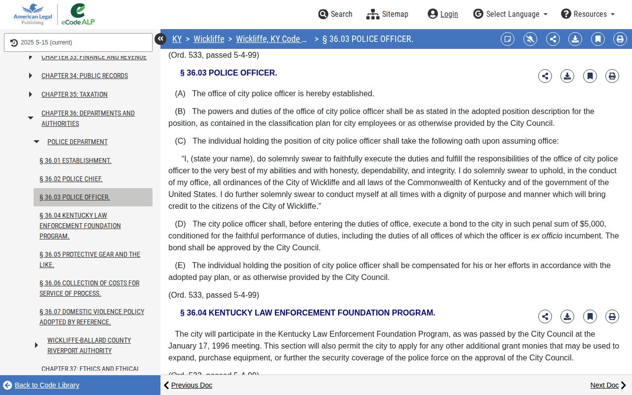 Wickliffe police ordinance relevant to Ballard County arrest records